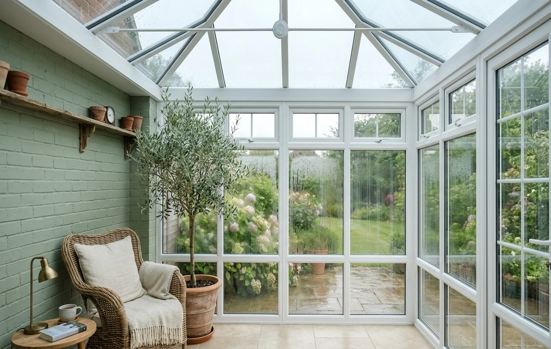 British uPVC conservatory with a glass roof, the brick house wall painted in pale sage, condensation on the lower glass