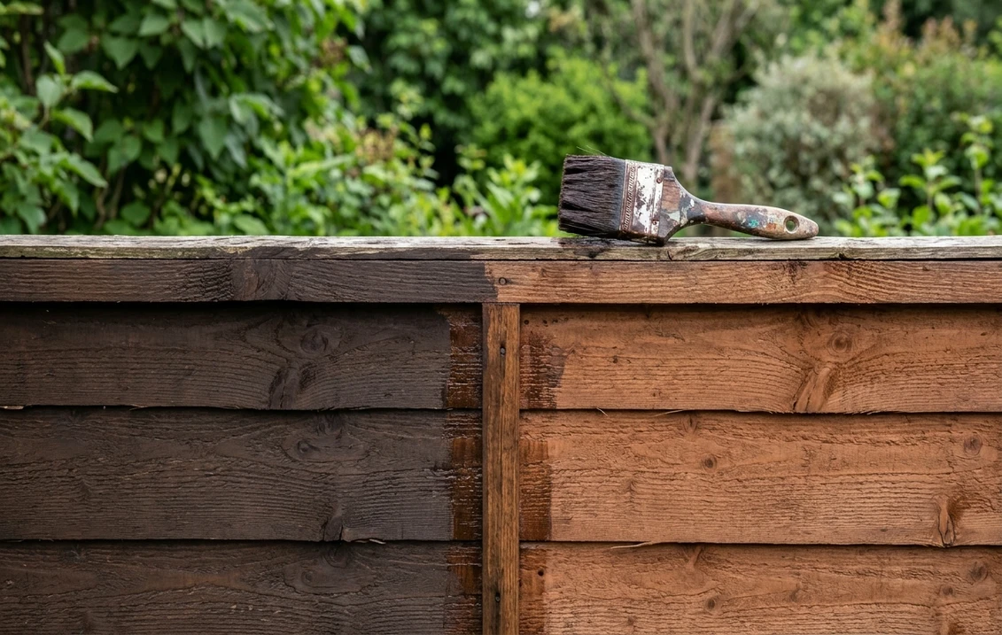 Rough sawn overlap fence panel stained half in deep Dark Oak brown and half in a warmer, redder Medium Oak brown, with a fence brush on the top rail