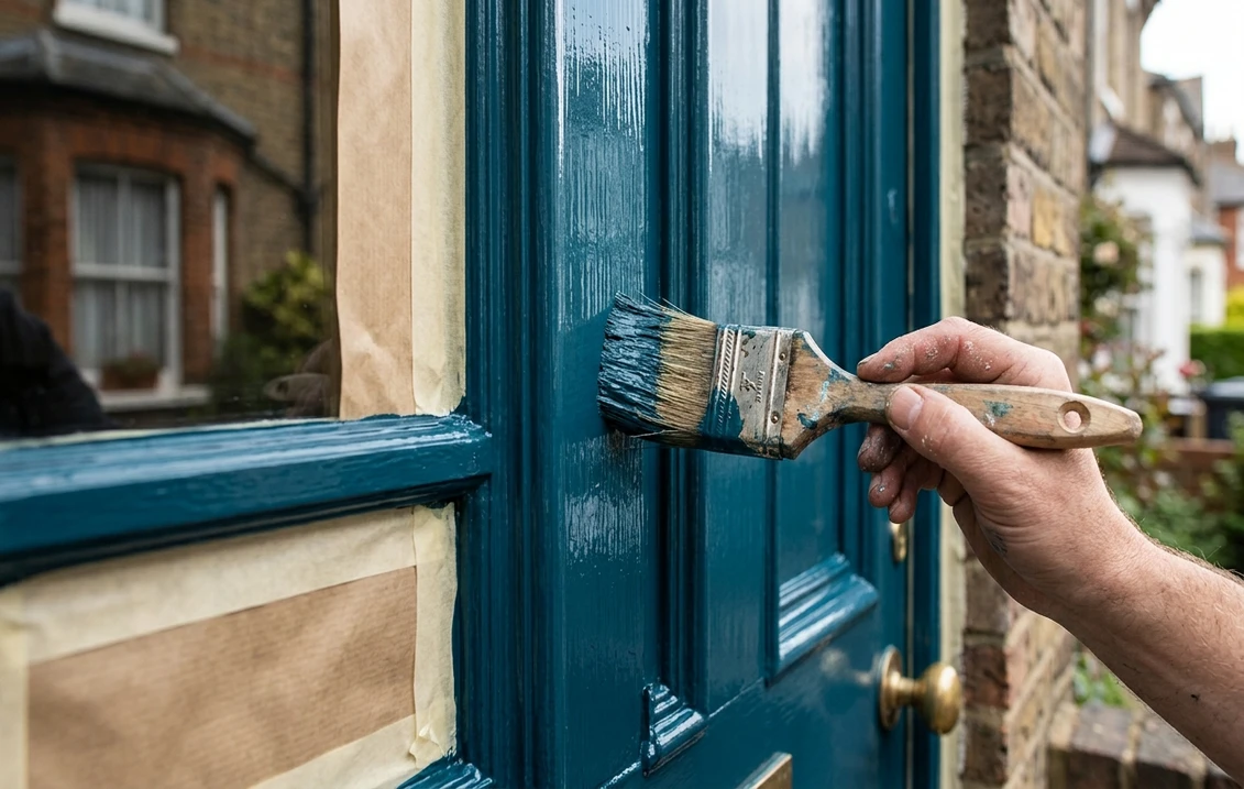 Brush applying glossy deep teal-blue exterior paint to a wooden panelled front door, glass masked with tape