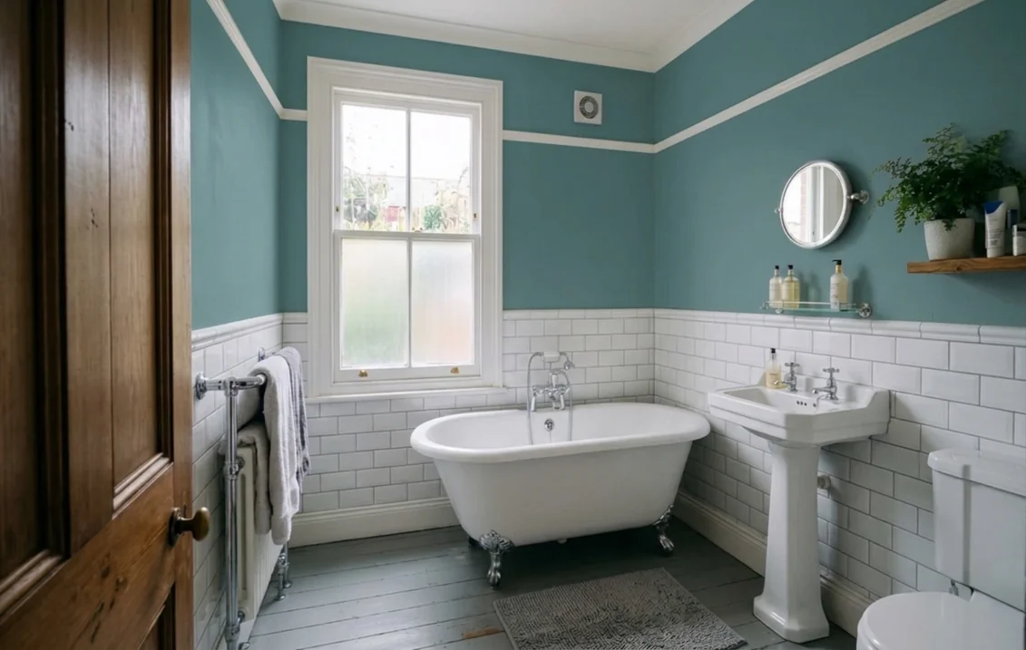 Victorian bathroom with the walls above the white metro tiles painted in Dulux Teal Voyage, a white roll-top bath under a sash window, a pedestal basin, a round mirror and a white ceiling