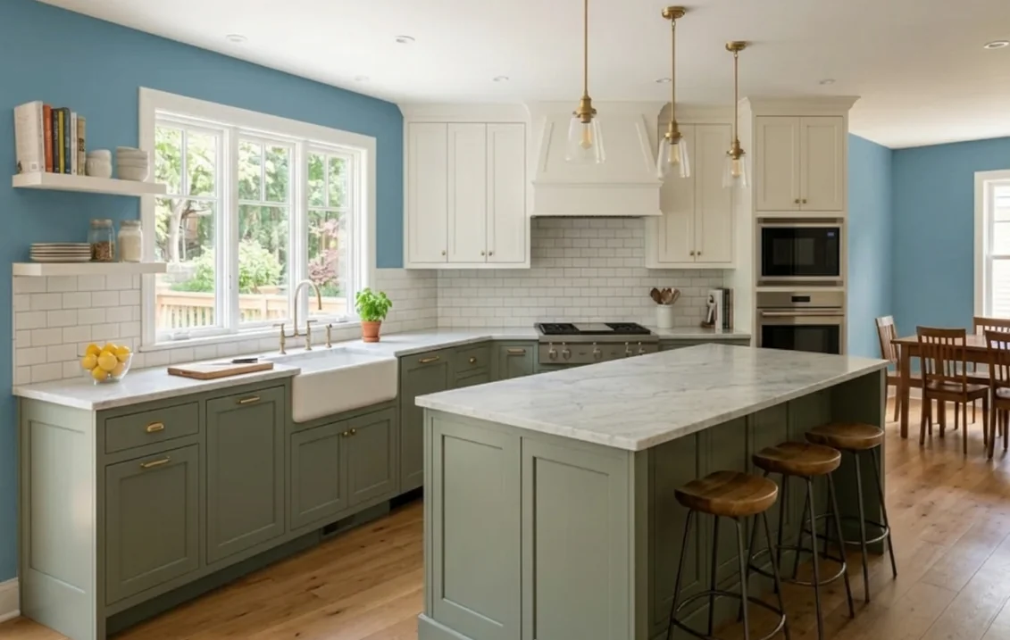 Kitchen with walls painted in Dulux Stonewashed Blue, sage green base units, white wall cupboards, white metro tiles, a marble-topped island and brass pendant lights