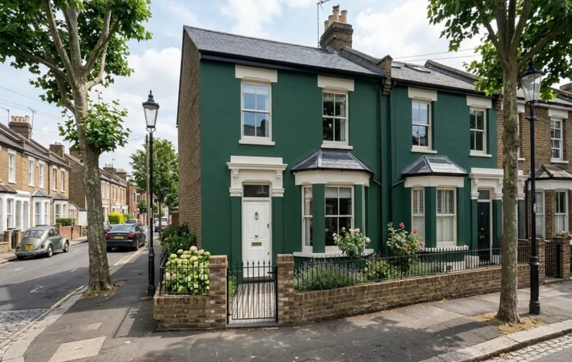 Victorian end-of-terrace house with deep green rendered walls, white window surrounds and a front door painted in Pure Brilliant White behind black railings
