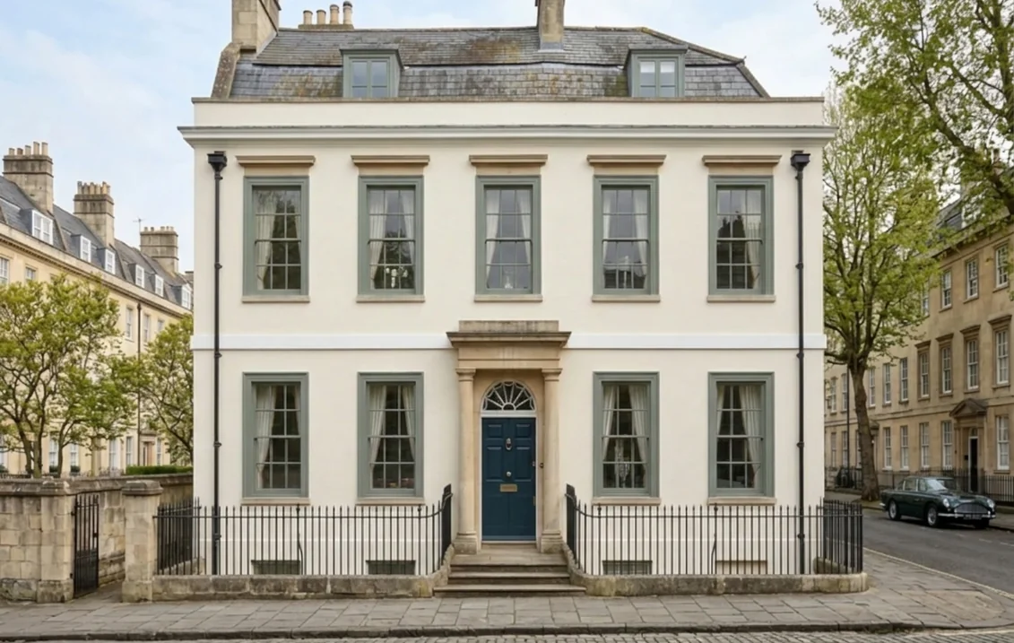 Georgian townhouse with cream stucco, black railings and a blue front door, its sash window frames painted in Green Smoke, a dark smoky green