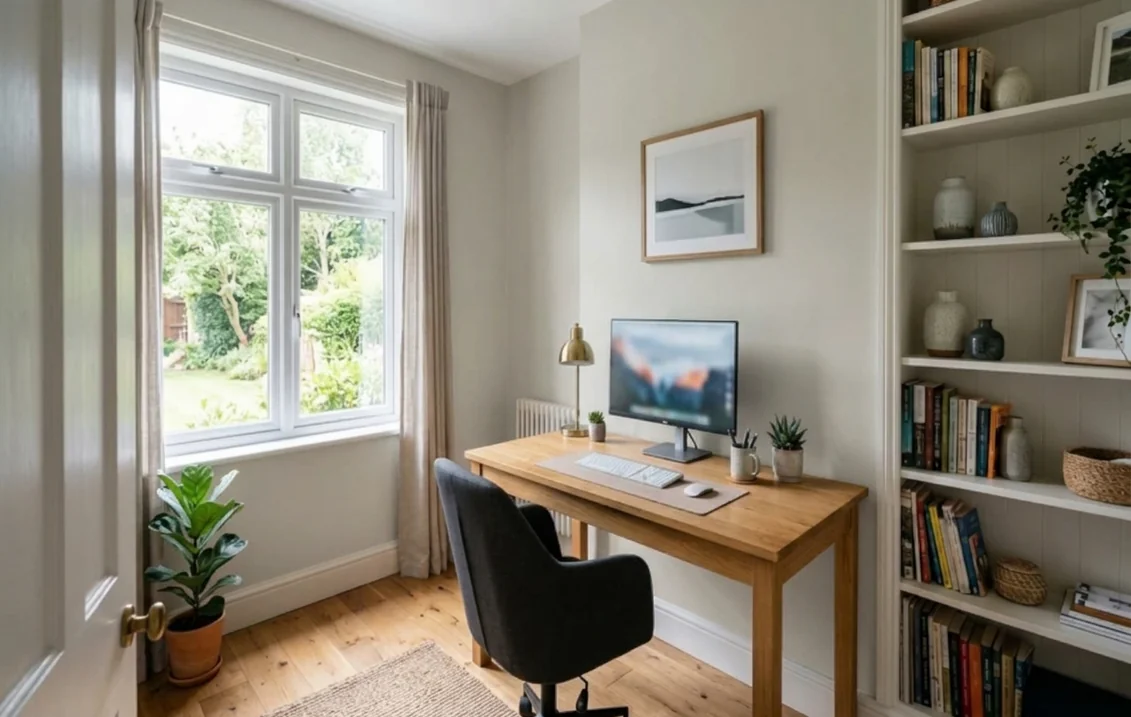 British home office with a white casement window, radiator, oak desk and built-in bookshelves, its walls painted in Farrow & Ball Ammonite light grey
