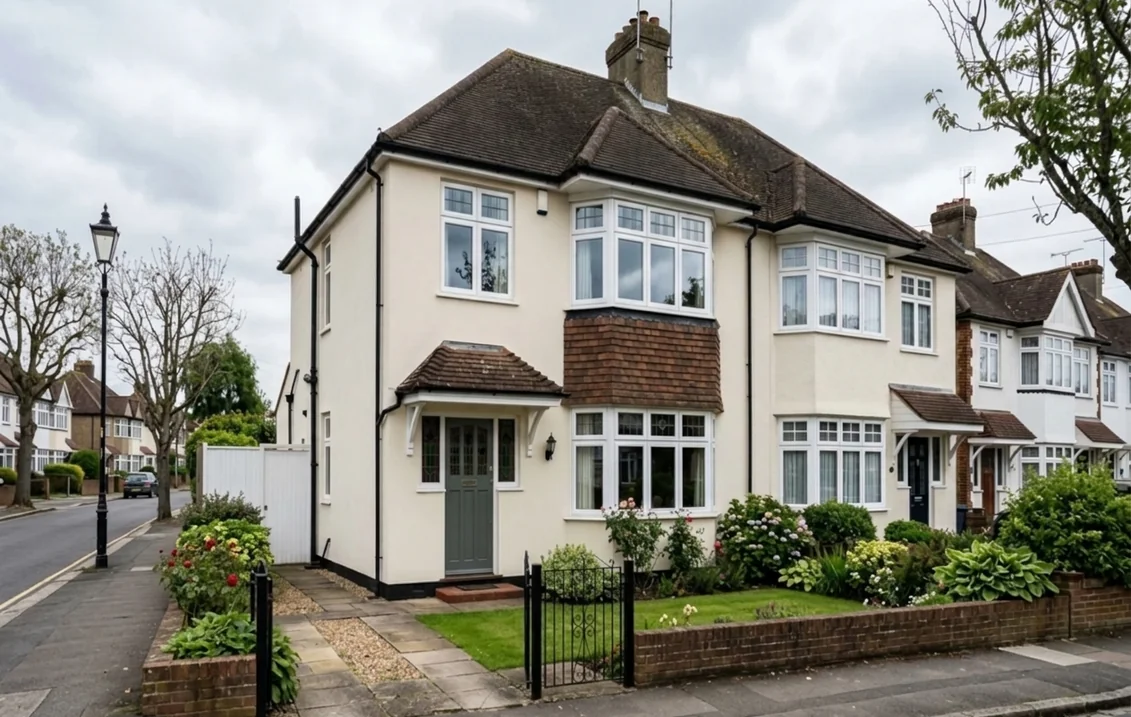 1930s semi-detached house with cream render, white windows and a front door painted in Down Pipe dark lead grey under a tiled porch canopy