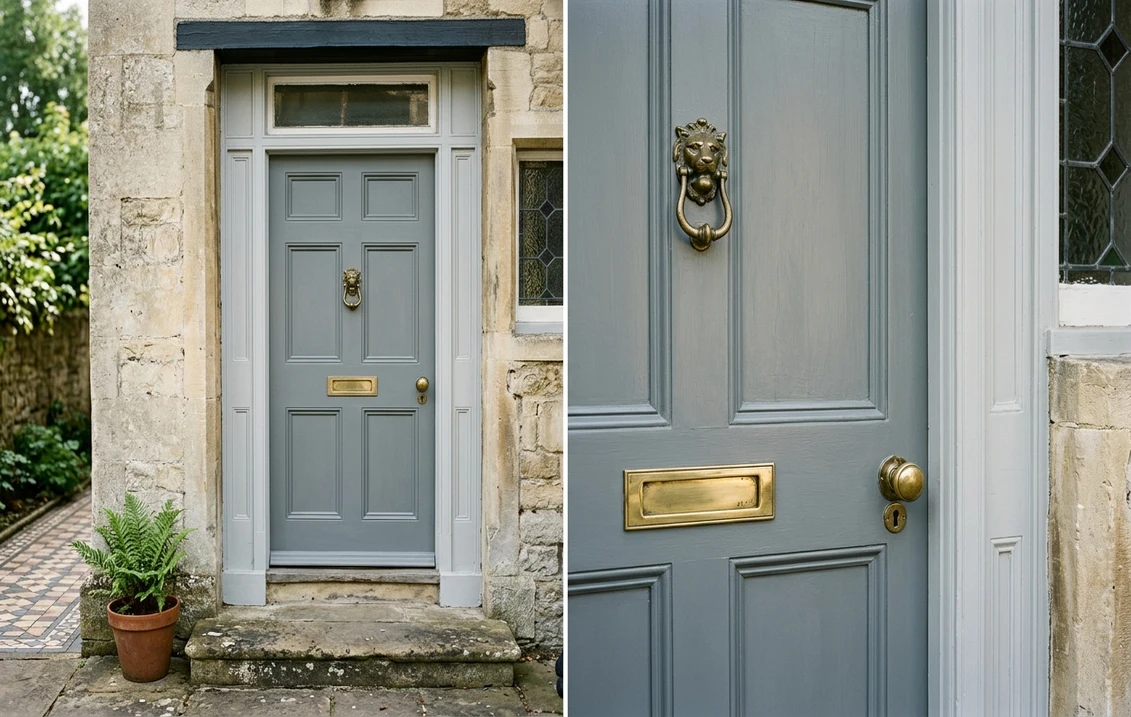 Period front door painted in a cool mid grey eggshell with brass letterbox and knocker, pale grey door surround