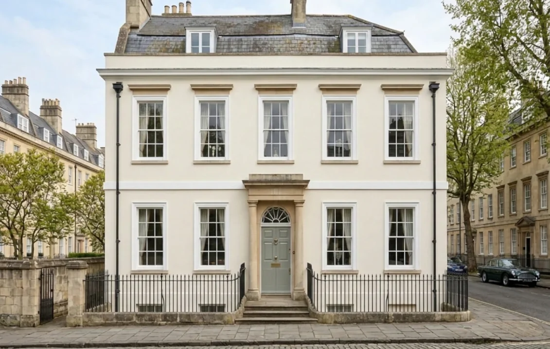 Georgian townhouse with cream stucco, white sash windows, black railings and a front door painted in Pigeon, a soft grey-green