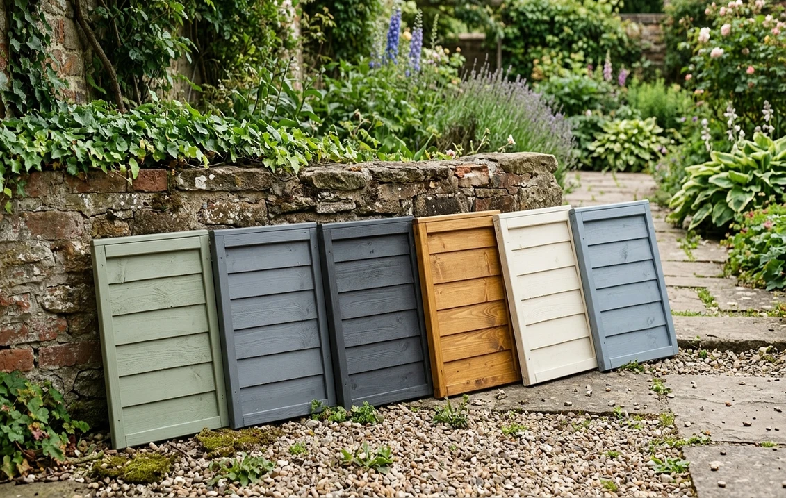 Six timber fence panel samples painted sage green, slate grey, charcoal, oak, cream and dusky blue