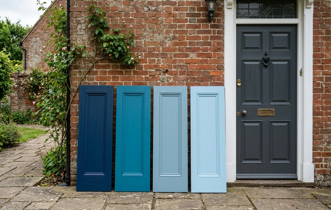 Four blue painted door sample panels in navy, teal, dusty blue and sky blue leaning against a brick wall beside a British front door