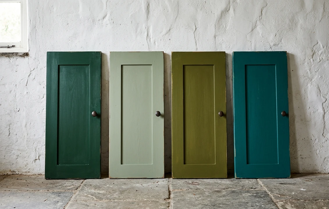 Four painted door sample boards in racing green, sage, olive and teal green against a white rendered wall