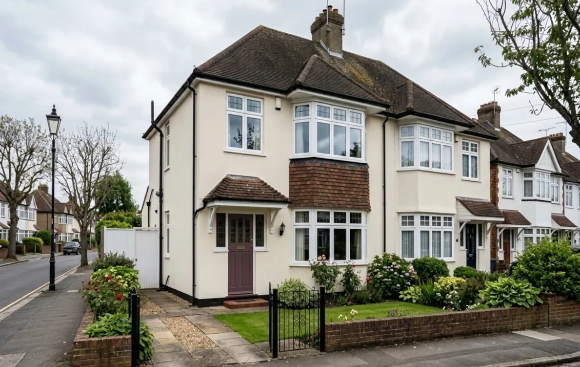 1930s semi-detached house with cream render, white bay windows and a tiled porch canopy, its glazed timber front door painted in Brinjal, a muted aubergine