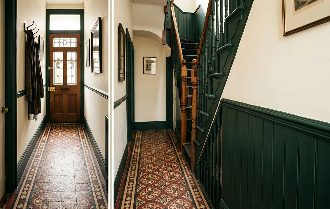 Victorian hallway with encaustic tiled floor, warm off-white walls above a dark green painted dado and staircase