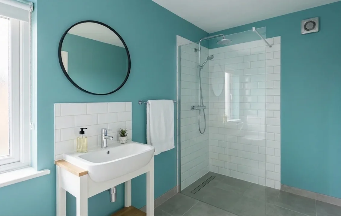 En-suite shower room with walls painted a medium aqua blue-green above a white metro-tiled splashback, a white basin on a wooden stand, a round black-framed mirror, a walk-in shower with a glass panel and an extractor fan high on the wall