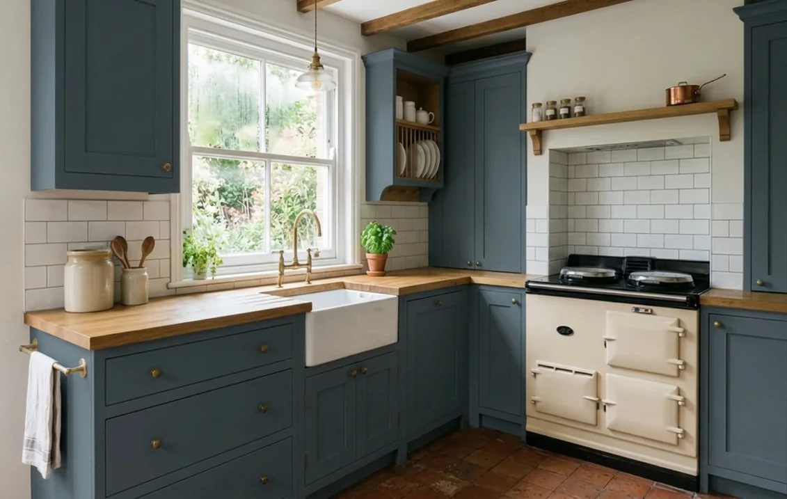 British kitchen with shaker cupboards and drawers painted in Hague Blue, brass knobs, an oak worktop, a Belfast sink and a cream range cooker