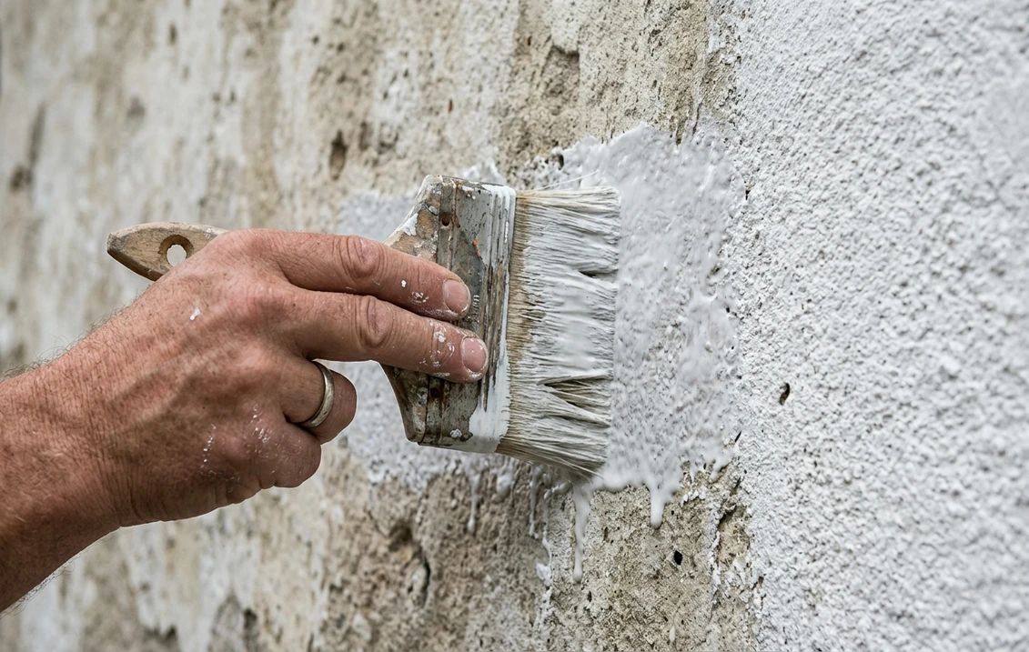 Wide brush applying a thin milky coat of limewash to an old lime-rendered wall, the wet coat translucent beside a dried chalky white area