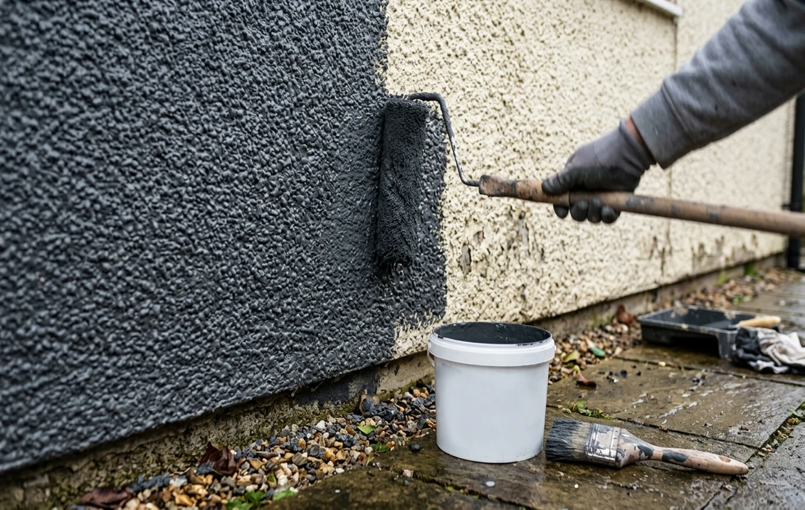 Decorator rolling anthracite grey masonry paint onto pebbledash render, half the wall still cream