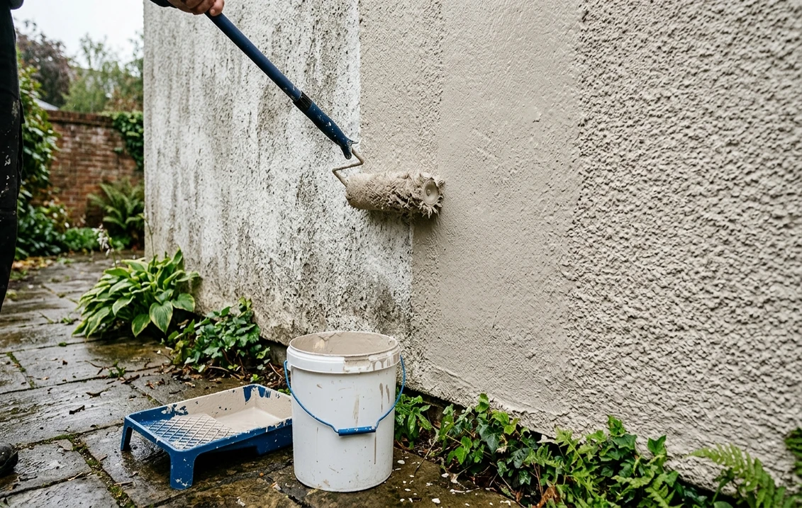 Roller applying a fresh coat of cream masonry paint over weathered, algae-stained render on a UK garden wall