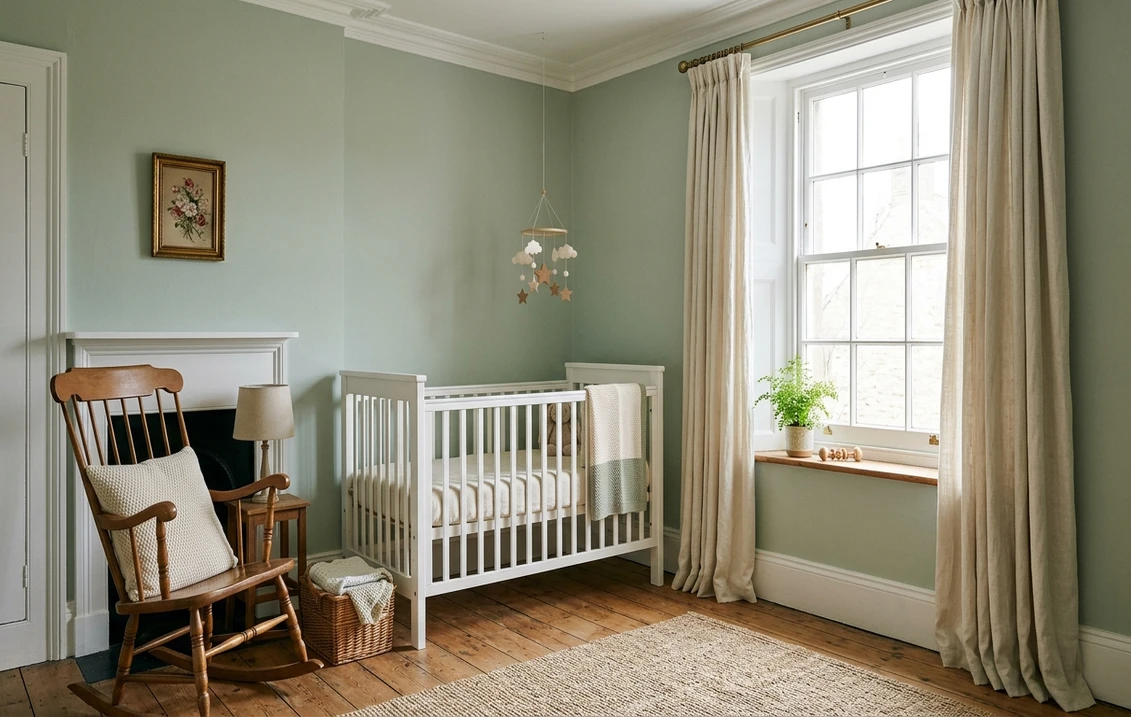 Calm nursery in a Victorian house with pale sage green matt walls, a white cot, linen curtains and a rocking chair