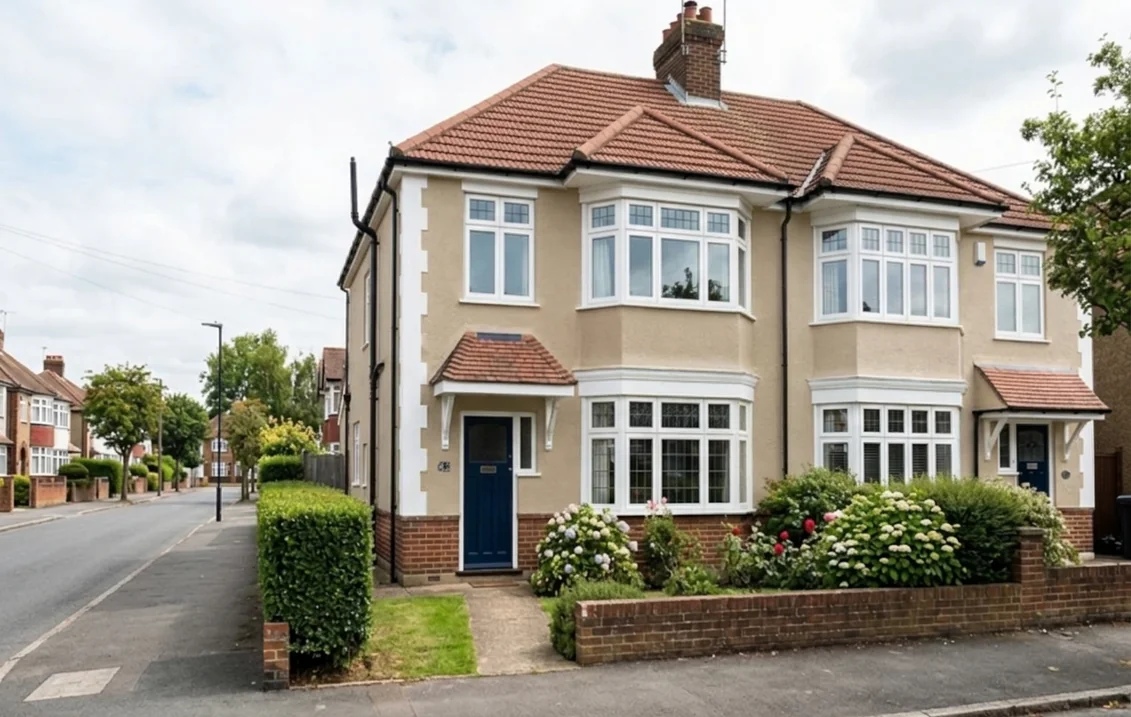 1930s British semi-detached house with walls painted in Sandstone, a light warm beige, with a red tile roof, white bay windows, a red brick base and a blue front door