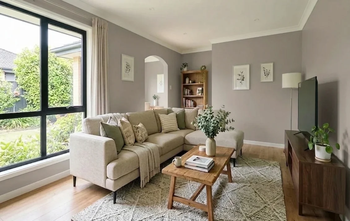 Living room with a large black-framed window, an oatmeal corner sofa and an oak coffee table, its walls painted in Dulux Perfectly Taupe