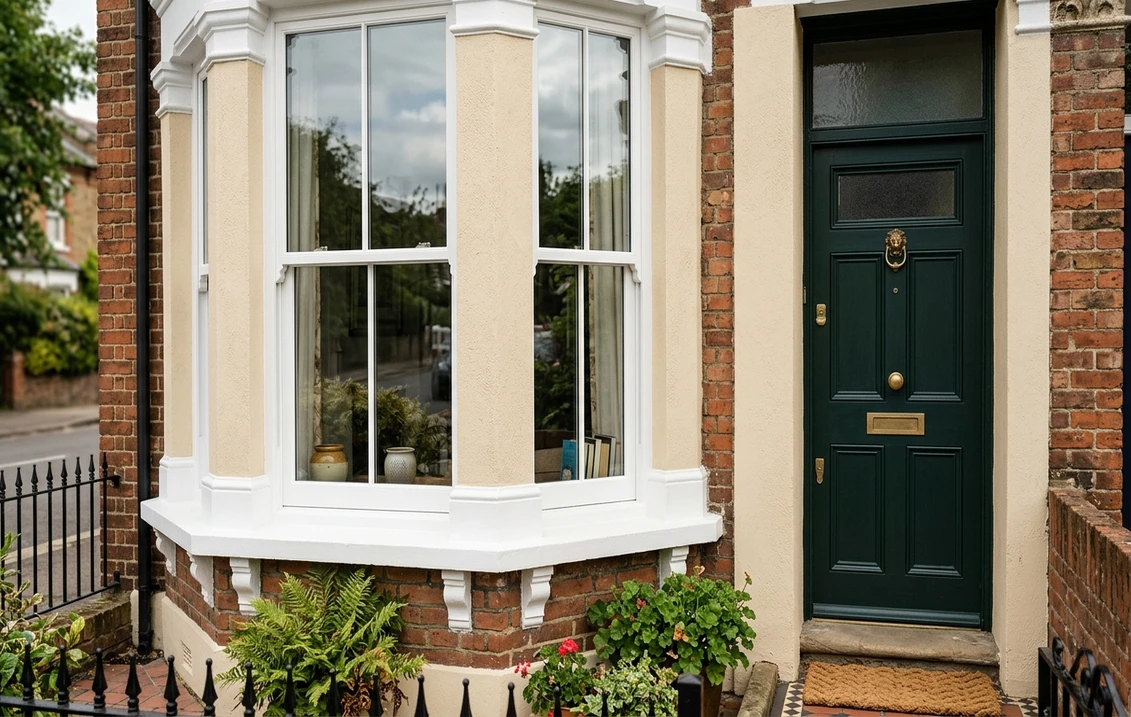 Victorian bay window with white sash frames, cream stucco reveal and a dark green front door with brass furniture
