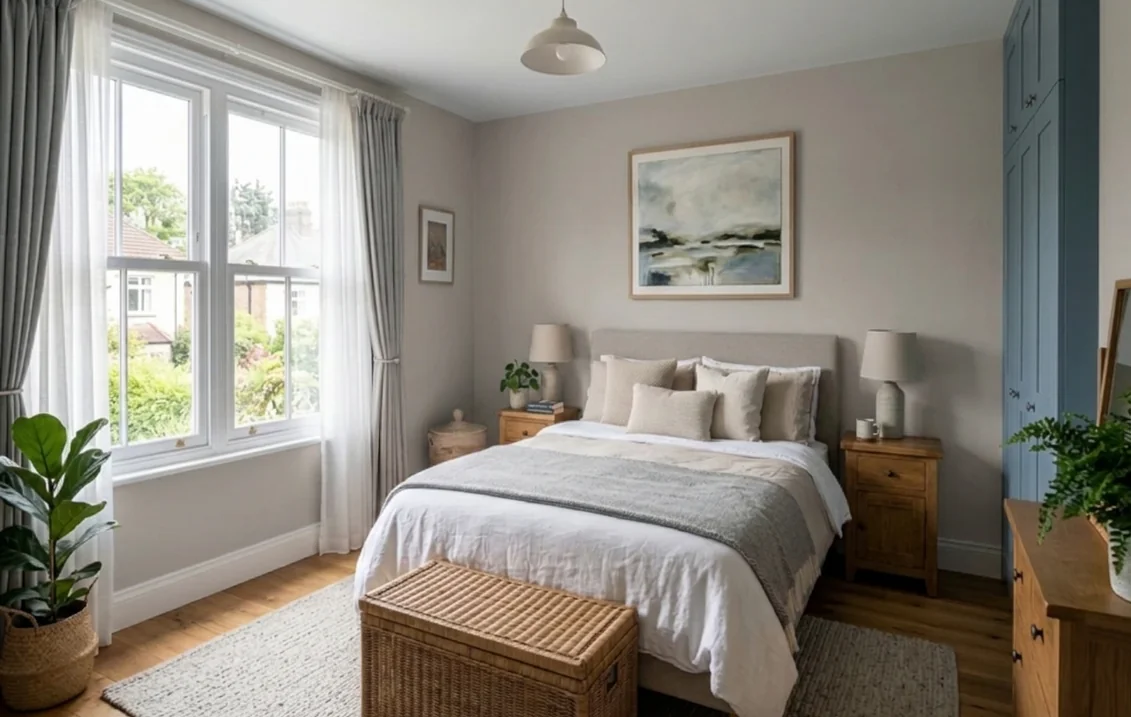 British bedroom with a sash window, oak bedside tables and white bedding, its walls painted in Farrow & Ball Elephant's Breath, beside a blue fitted wardrobe