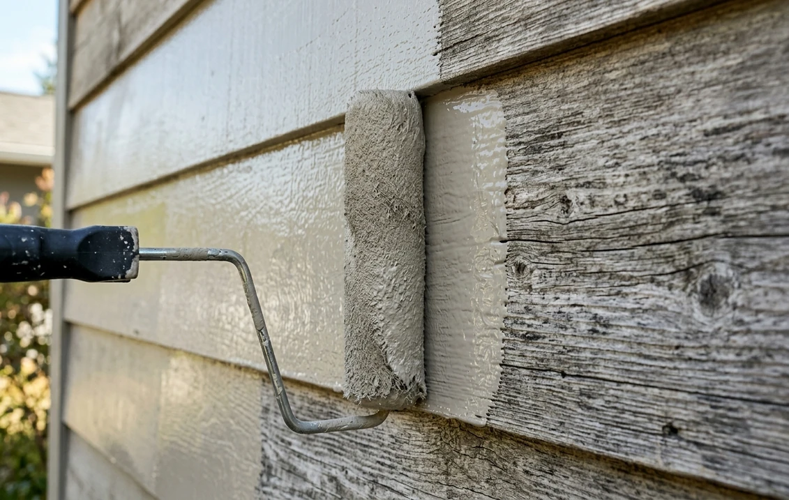 Roller applying satin exterior paint to wood lap siding, half painted in greige