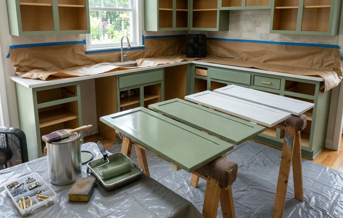 Kitchen cabinet repaint in progress: Shaker doors laid flat on sawhorses, two coated in wet sage green enamel and two in white primer, with the emptied cabinet boxes and masked counters behind