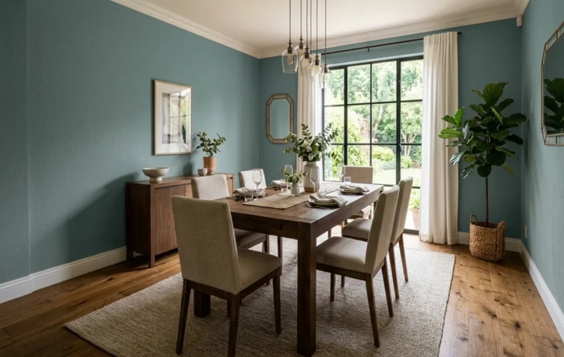 Dining room with the walls painted in Aegean Teal, a muted blue-green, around a wooden table, linen chairs and white trim