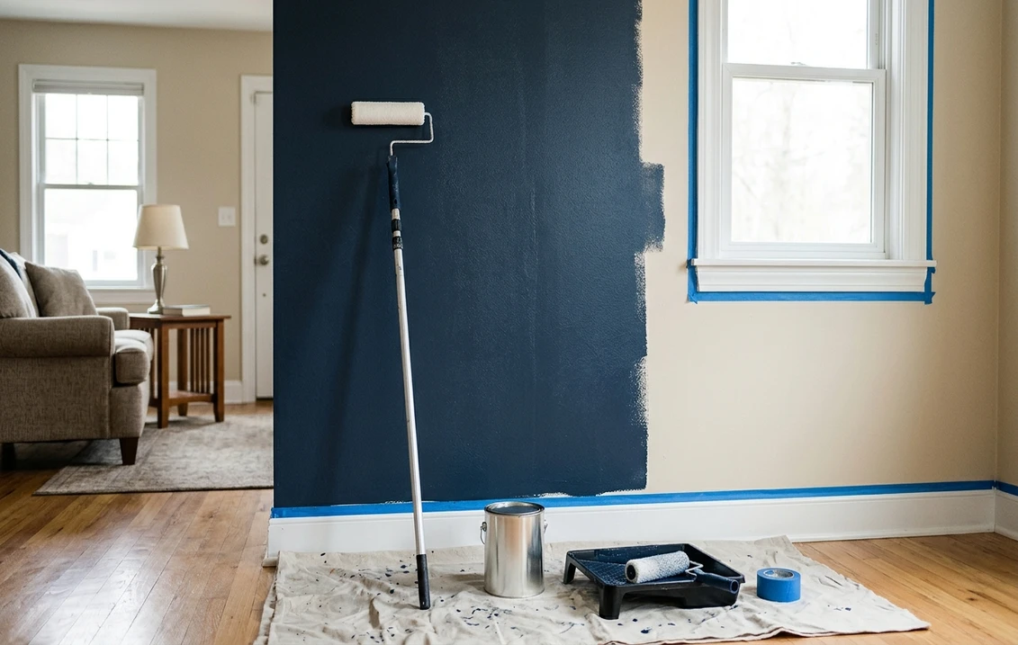 Living room wall halfway through a repaint from pale beige to deep navy blue, with a roller on an extension pole, an unlabeled paint can and a roller tray on a drop cloth
