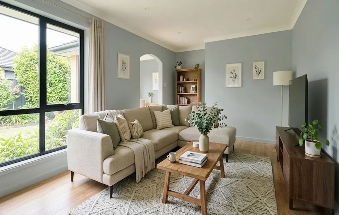 Living room with the walls painted in Boothbay Gray, Benjamin Moore HC-165; the furniture, white trim and wood floor are unchanged