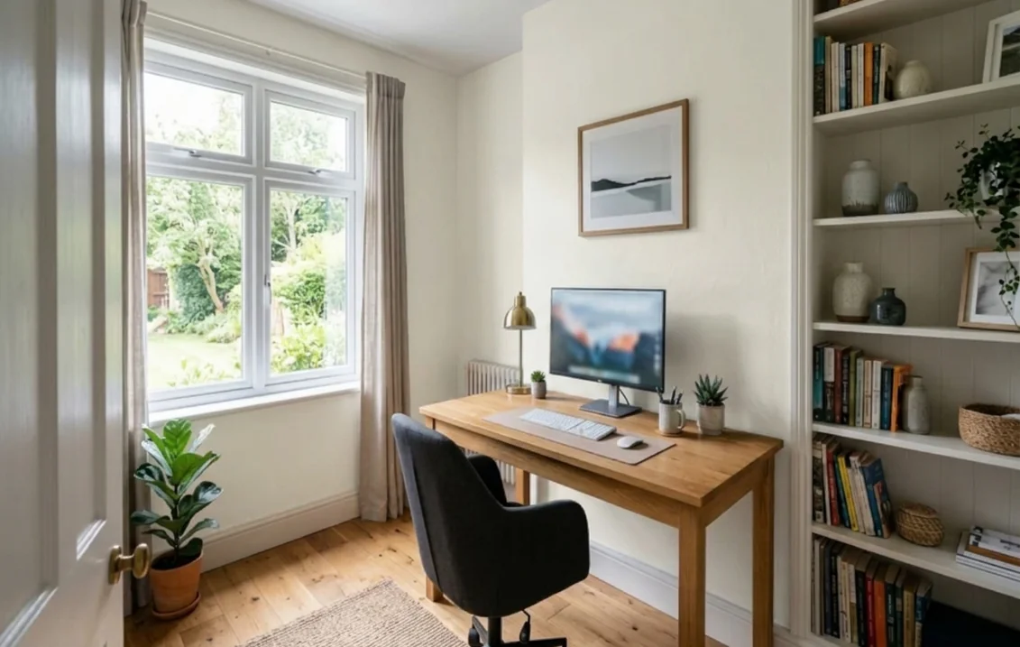 Home office with the walls painted in Cloud White, a soft cream-leaning warm white, around a white window, oak desk and built-in bookshelves