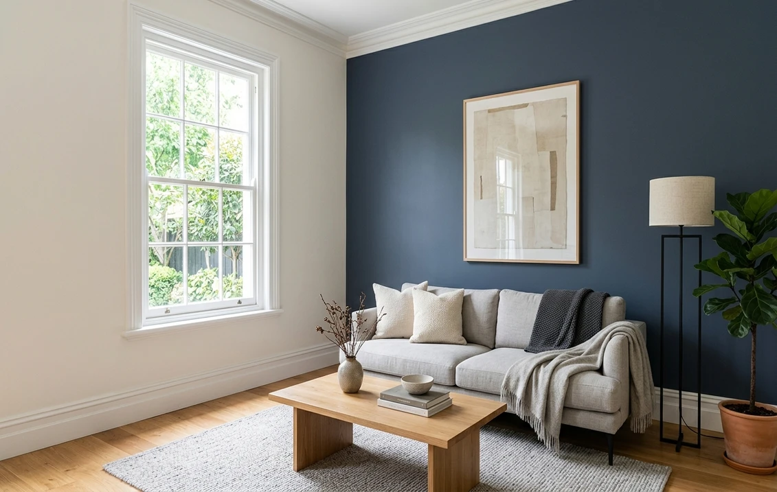 Benjamin Moore Newburyport Blue HC-155 on a living room wall