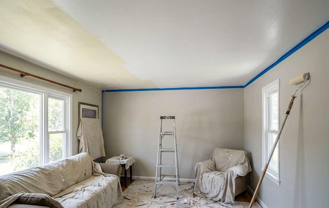 Living room ceiling halfway through a repaint: fresh flat white over most of the ceiling, older yellowed paint near the window, a roller on an extension pole, a step ladder and drop cloths over the furniture