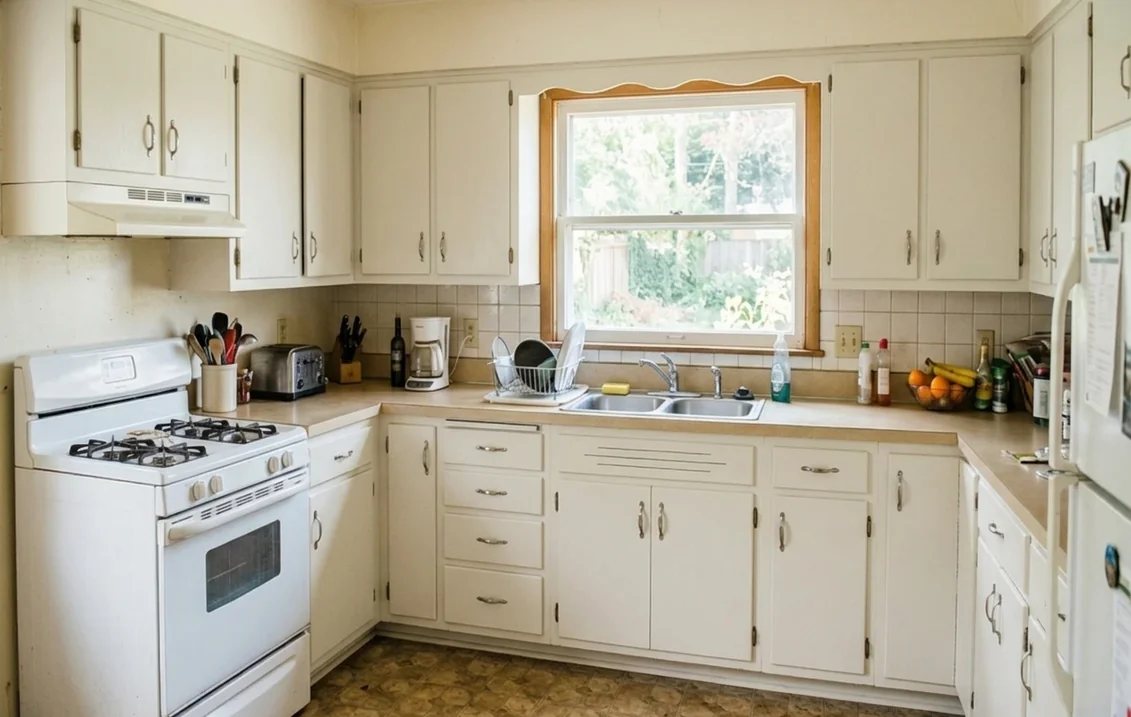 Older American kitchen with its former oak cabinets shown in White Dove OC-17: soft off-white doors and drawers with metal pulls, beige laminate counter, tan tile backsplash, white range and a window over the sink