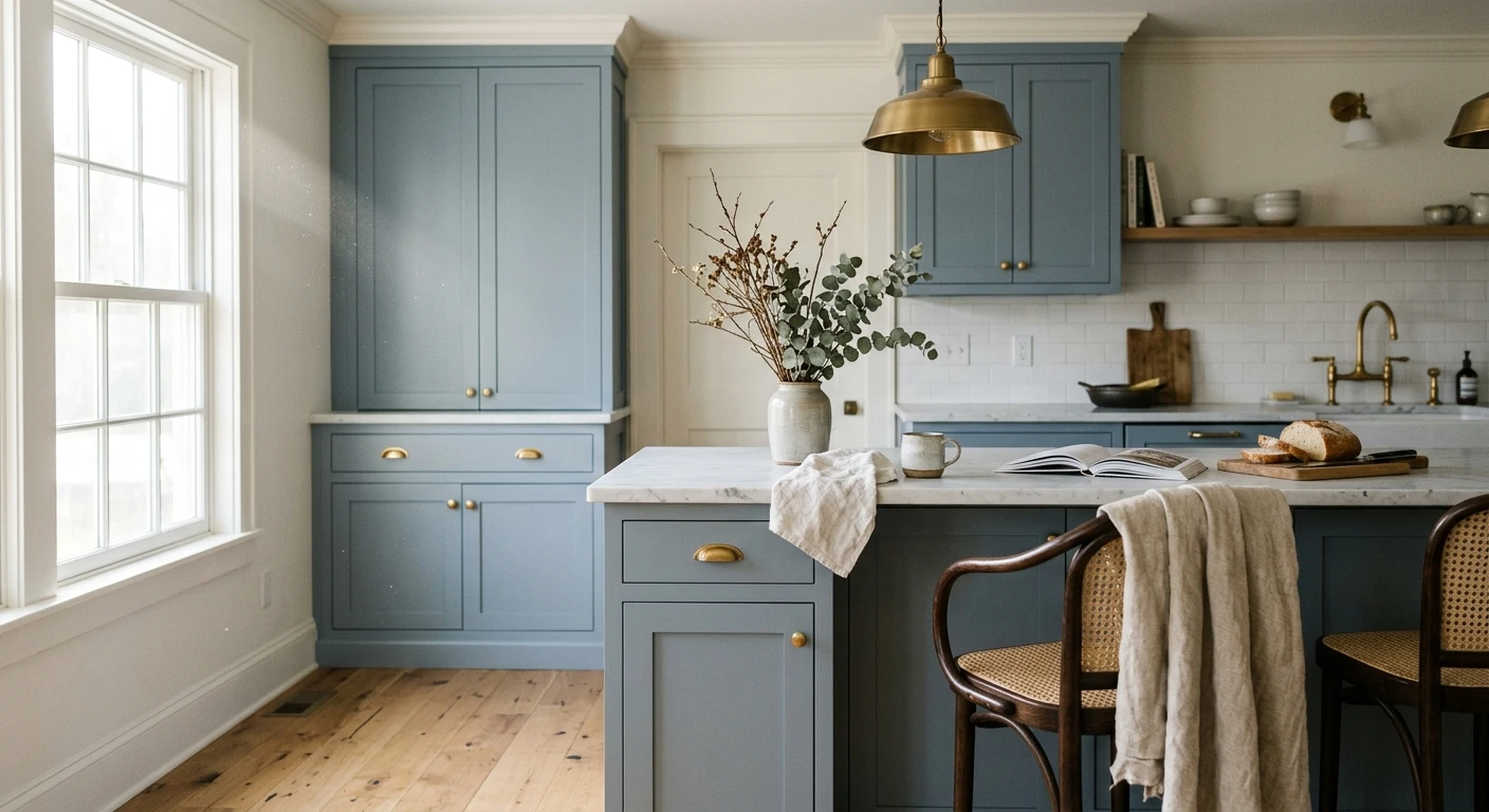 Soft blue-gray painted bathroom vanity cabinet