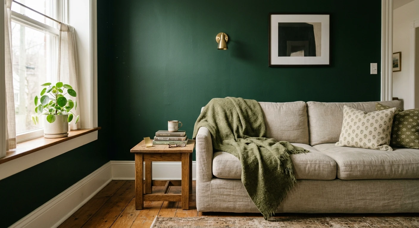 Deep forest green paint on a moody bedroom accent wall