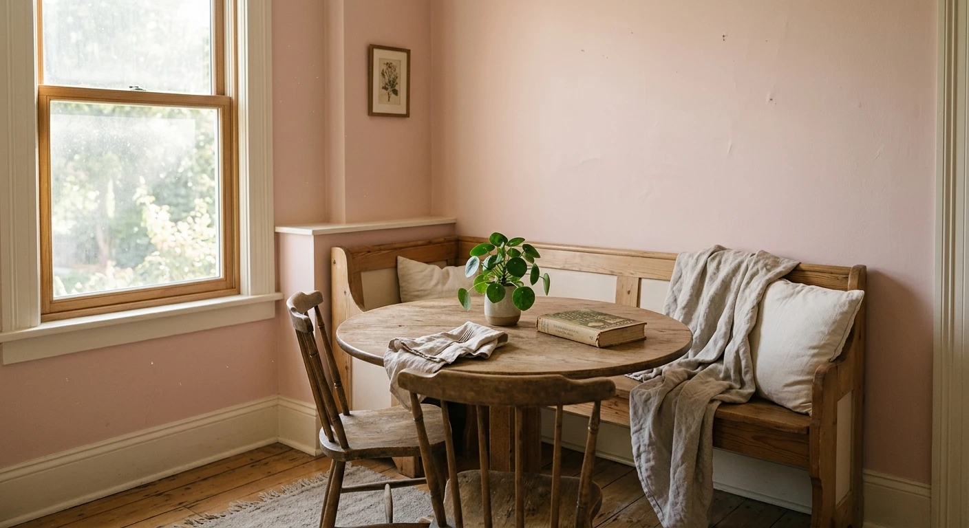 Soft blush pink paint on a bathroom wall above a white vanity