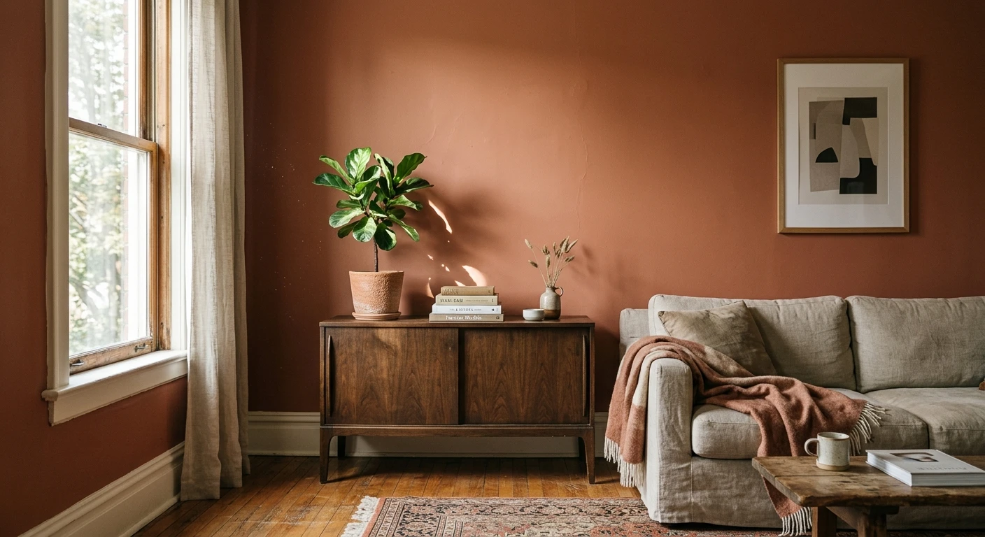 Muted terracotta coral paint on an interior accent wall, AI color preview