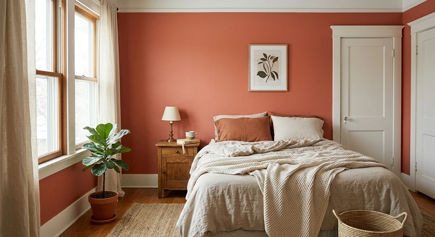 Deep salmon coral paint on an interior wall, AI color preview