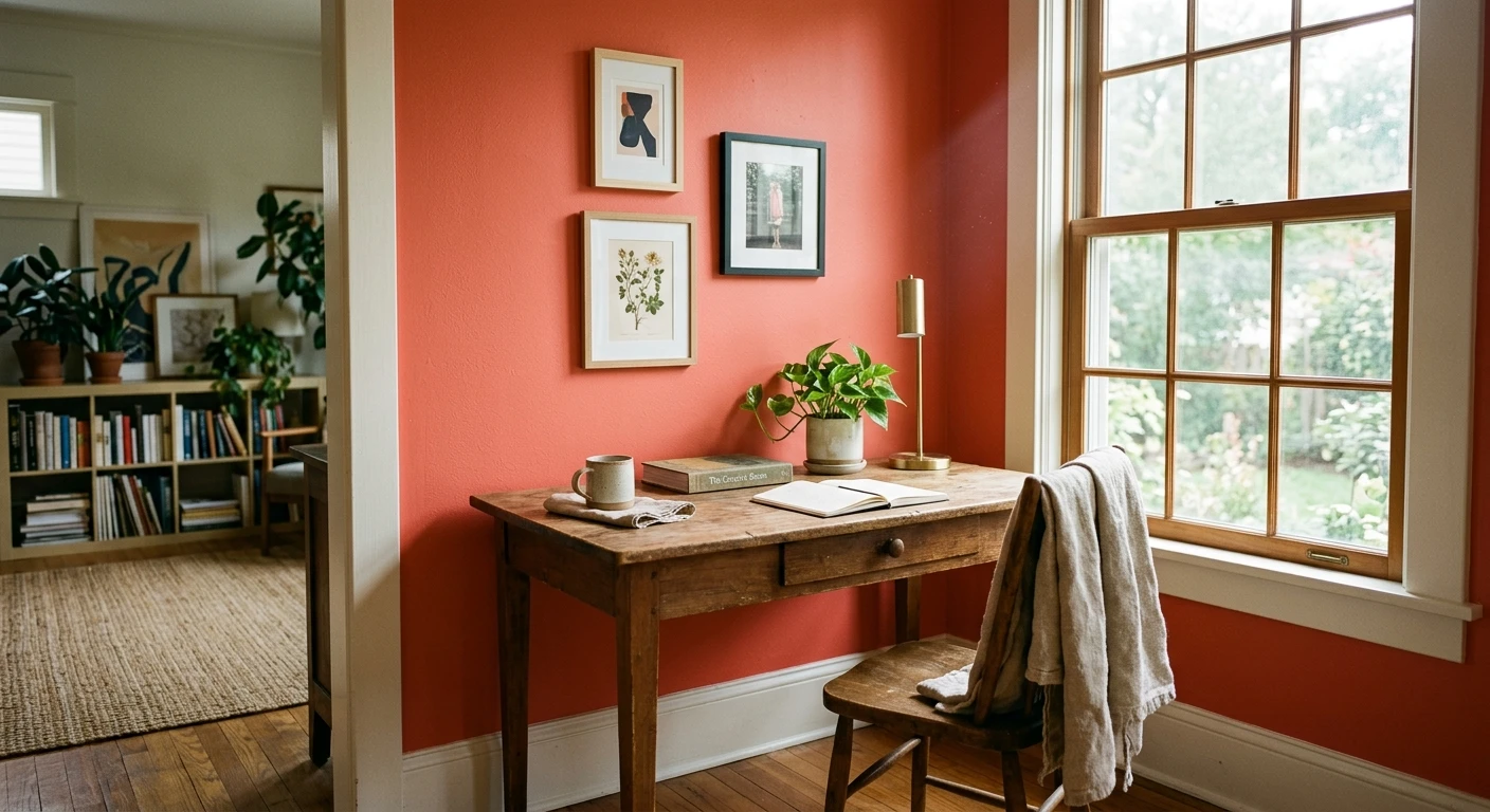 Warm coral paint on an interior wall, AI color preview
