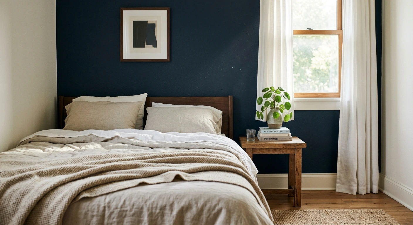 Dark blue-black slate paint on a moody bedroom wall