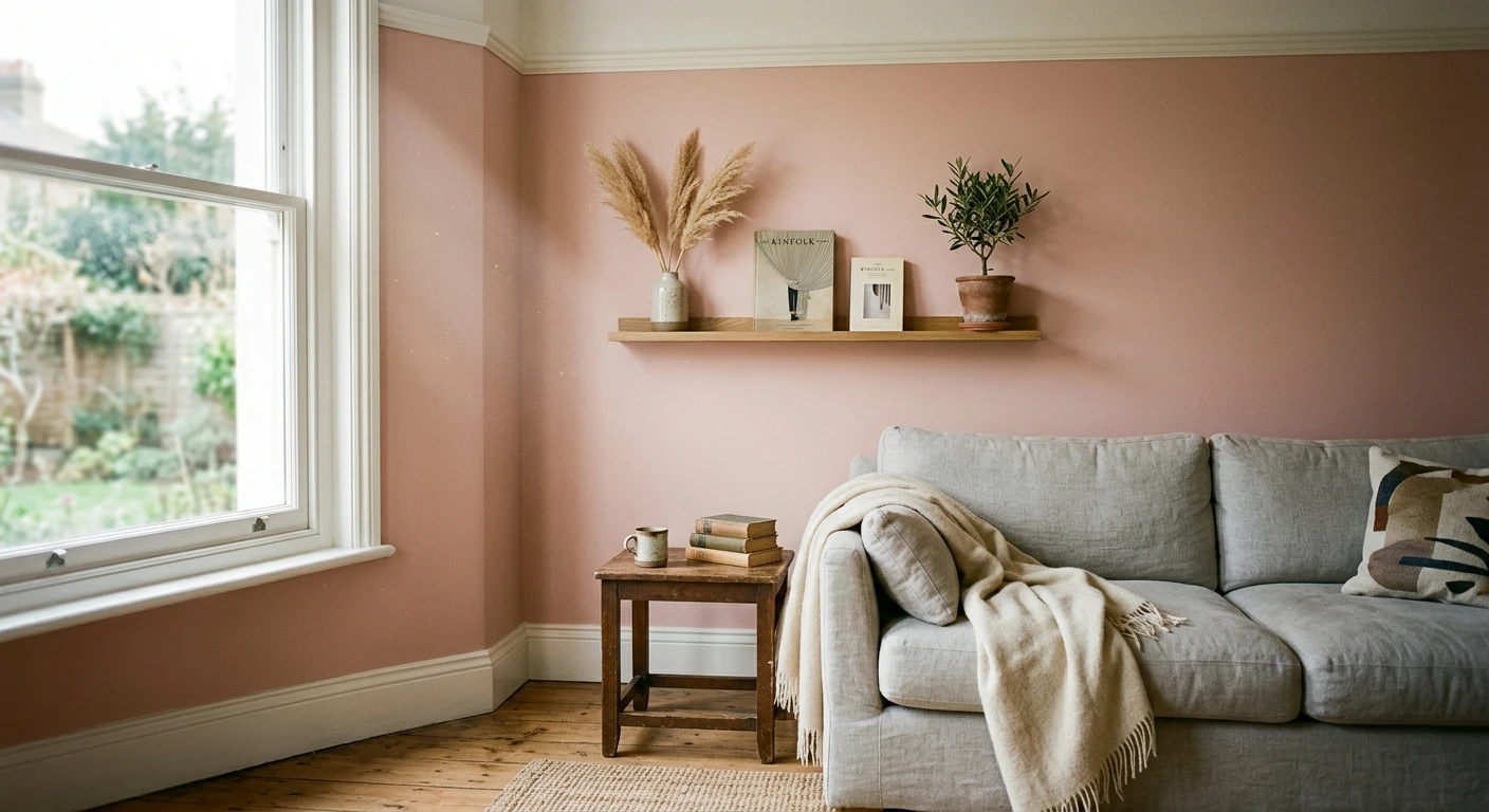 Soft blush pink paint on an interior bedroom wall, AI color preview