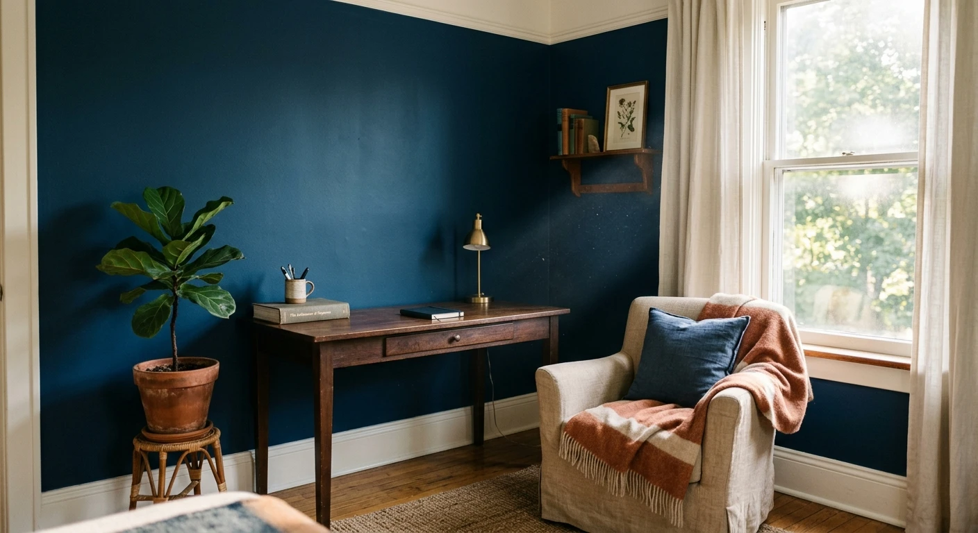Dark blue paint wrapped on all walls of a bedroom