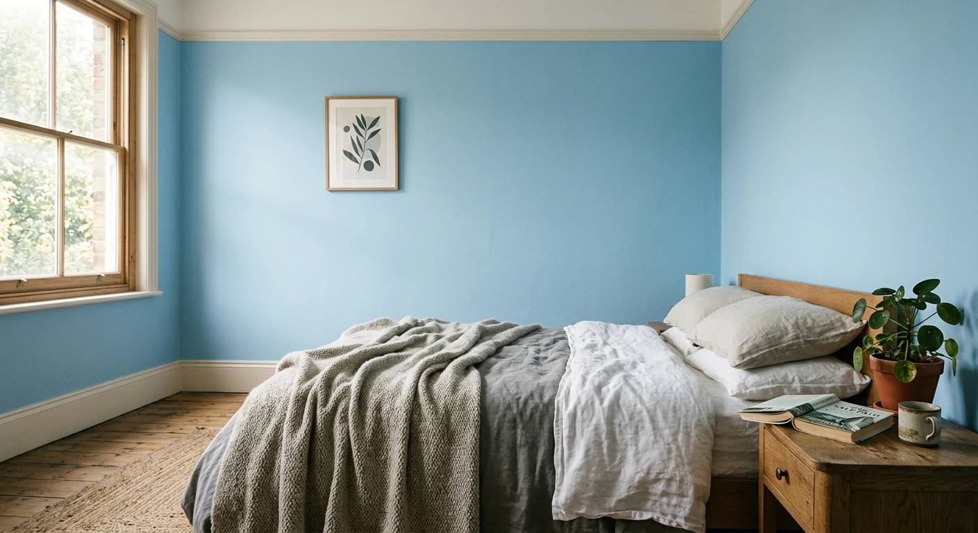 Light blue paint on an interior wall in daylight