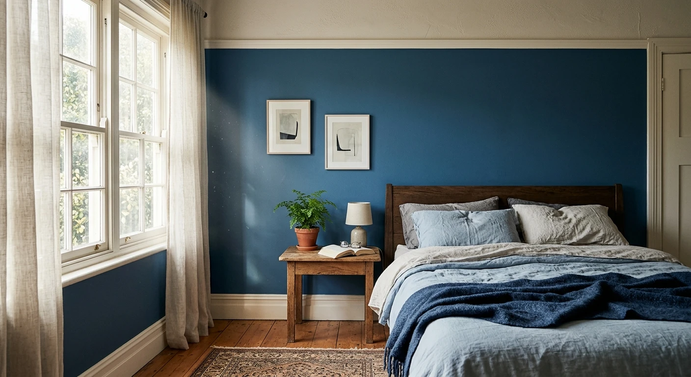 Mid-tone blue paint shown on an interior wall
