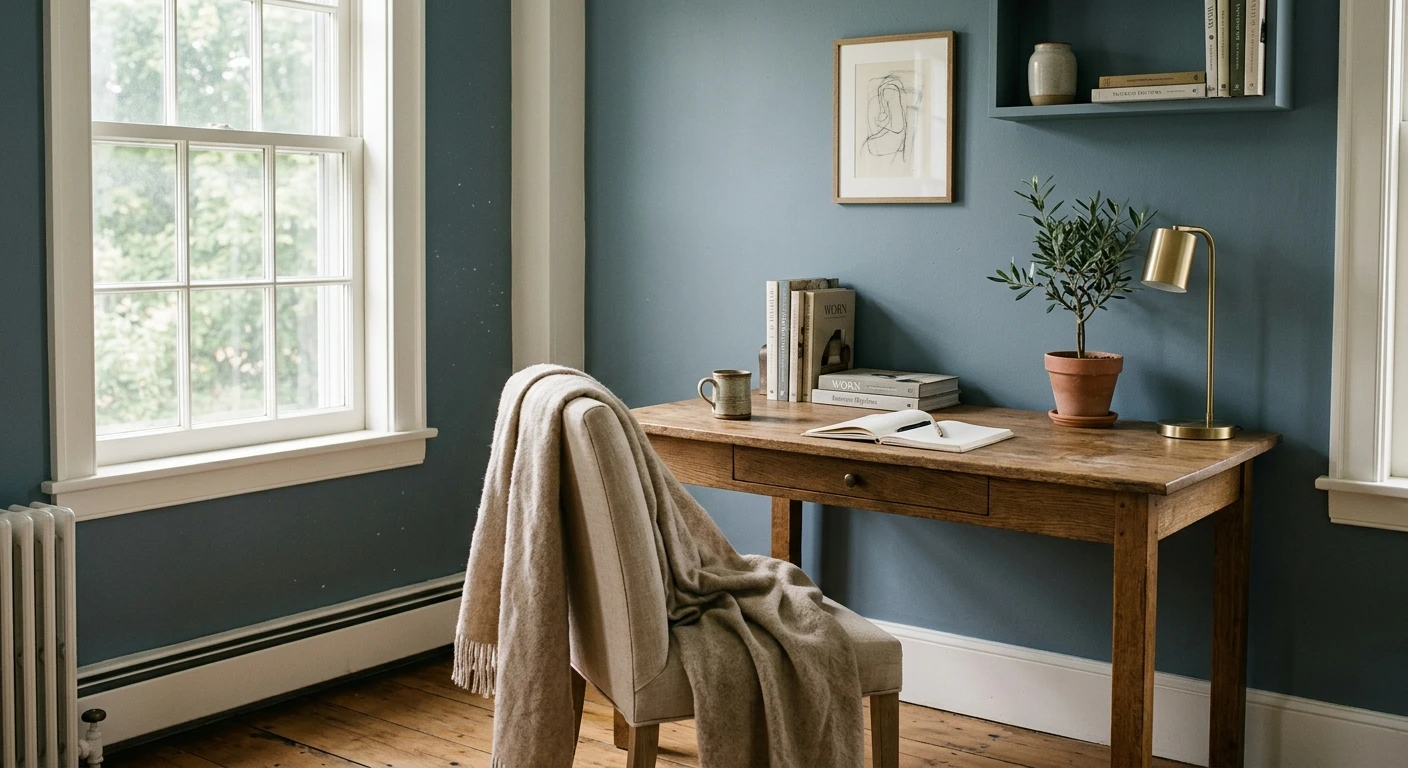 Mid-tone blue-gray kitchen cabinets with a soft green undertone