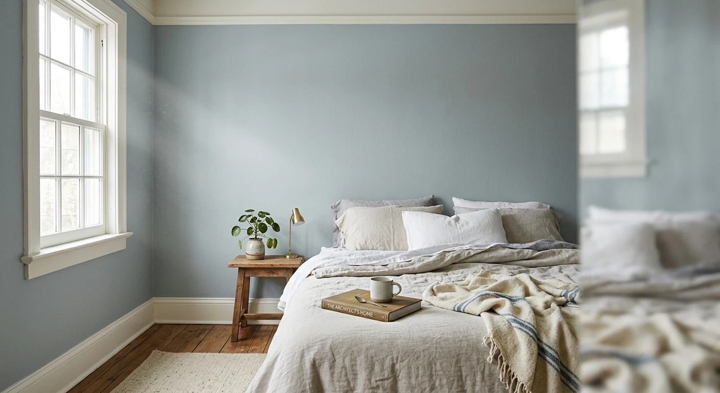 Pale blue-gray kitchen cabinets painted in a soft dusty tone