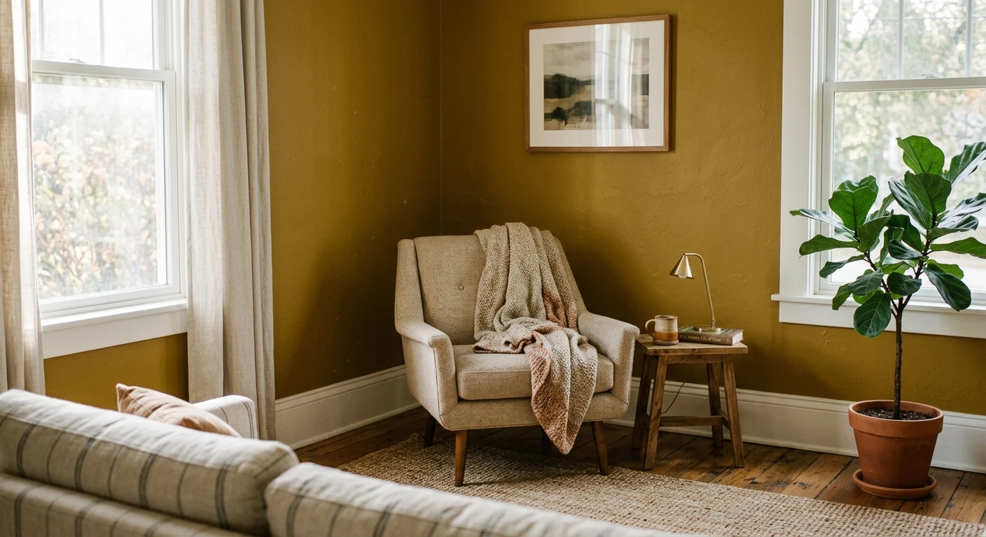 Mustard yellow paint on a kitchen island