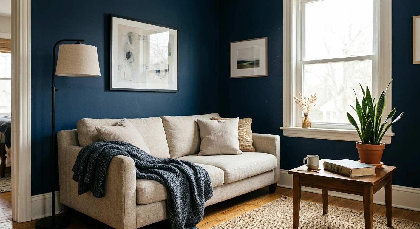 Navy blue painted kitchen cabinets in a bright kitchen